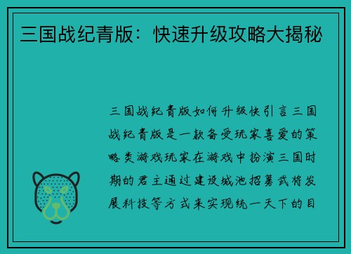 三国战纪青版：快速升级攻略大揭秘